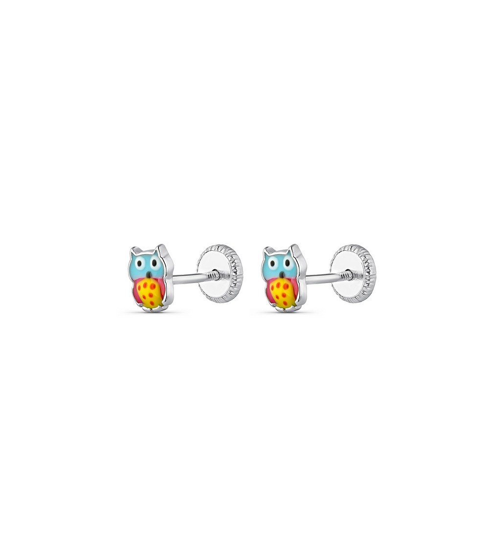 Pendientes infantiles buho de plata y esmalte