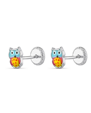 Pendientes infantiles buho de plata y esmalte